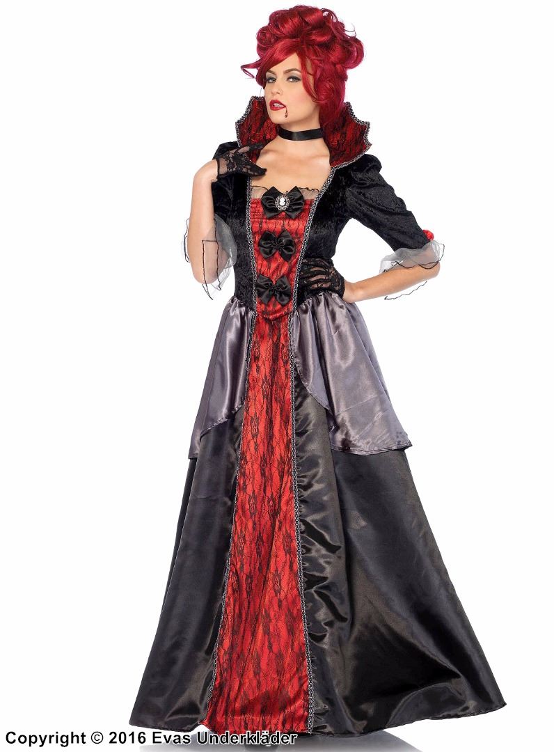 Mina Harker från Dracula, maskeradklänning med spetsinlägg, rosetter och volanger